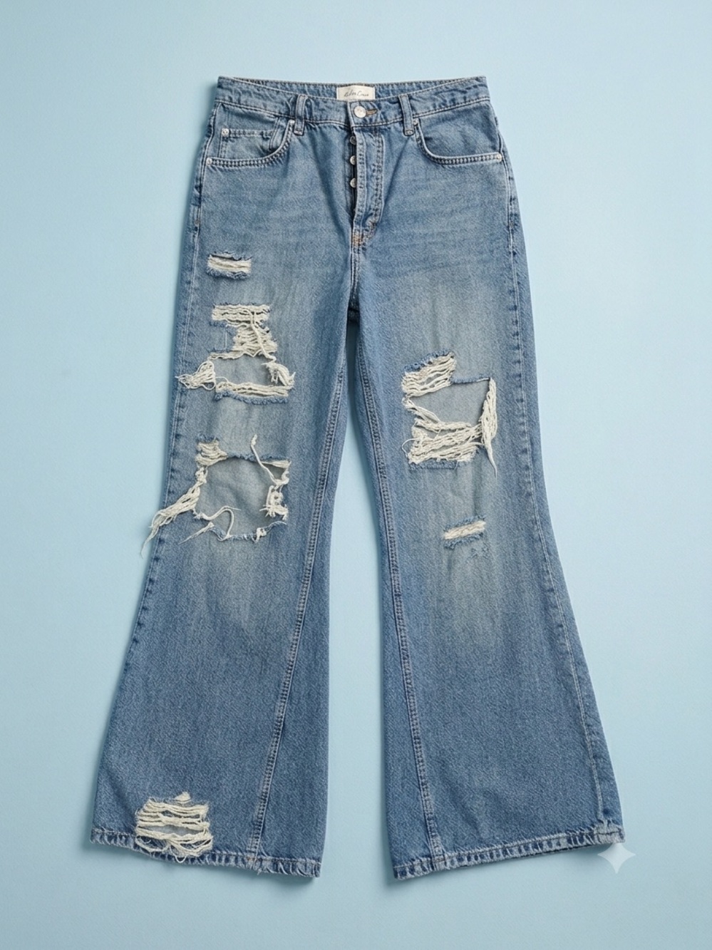 Free People Wide Leg Jeans Womens 28 Blue Light Wash Distressed Button